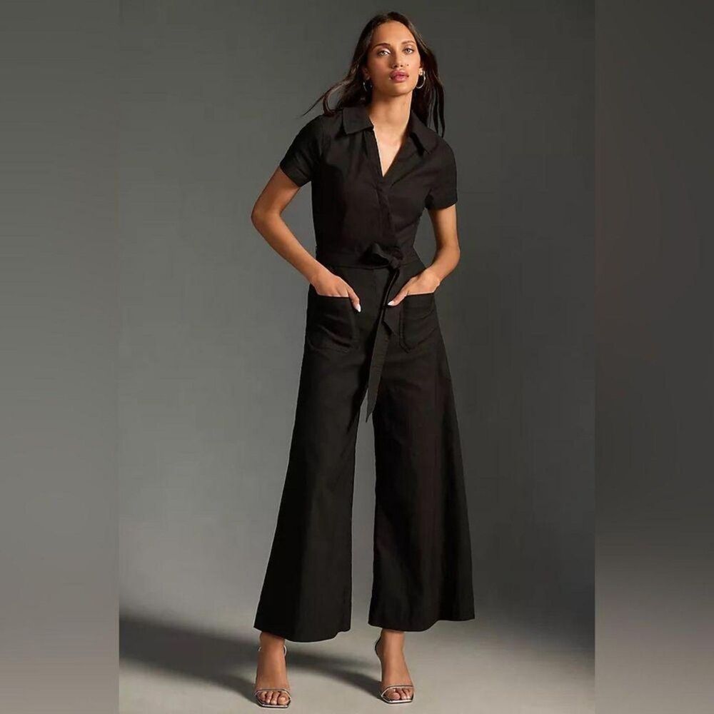 NWT Maeve Anthropologie Black Linen Blend Wide Leg Belted Jumpsuit Size 6
